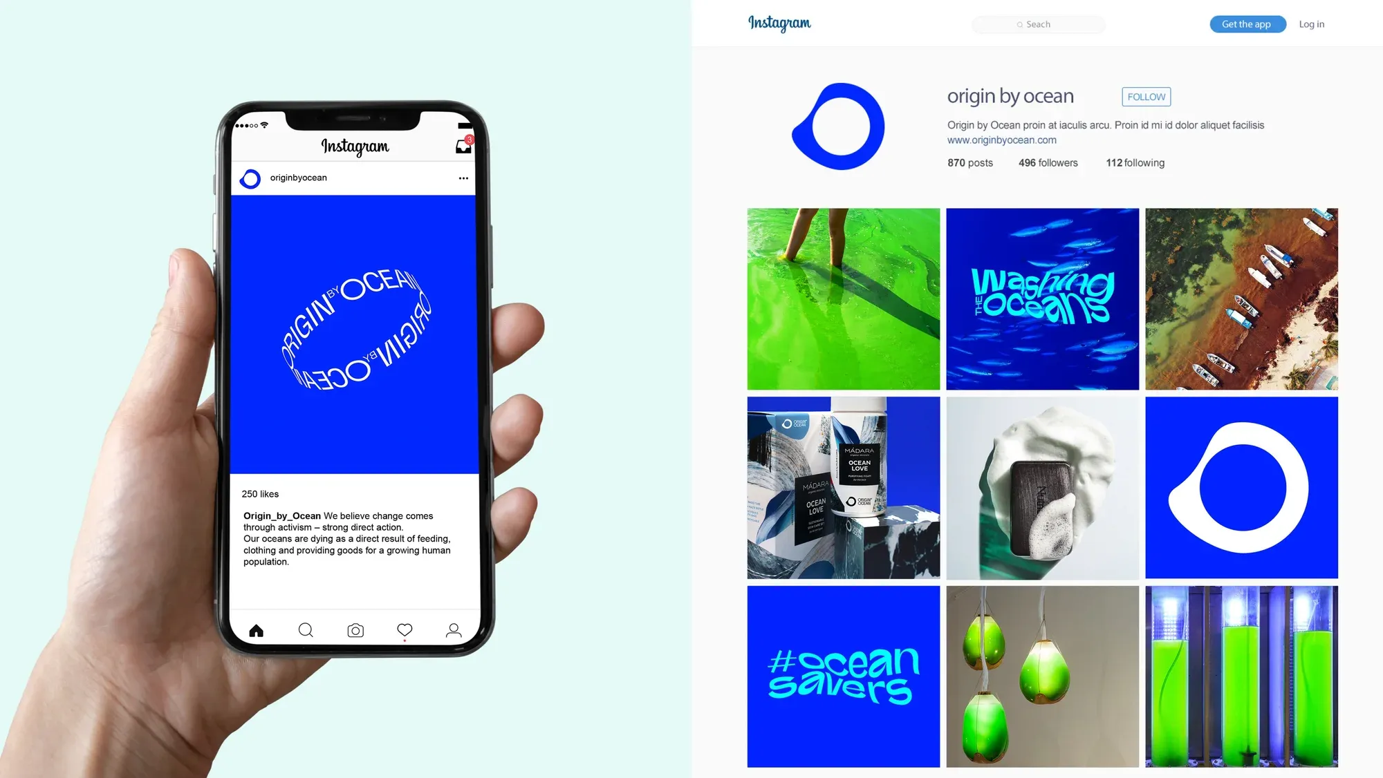Origin by Ocean on Instagram: a phone showing the profile next to a grid of posts.