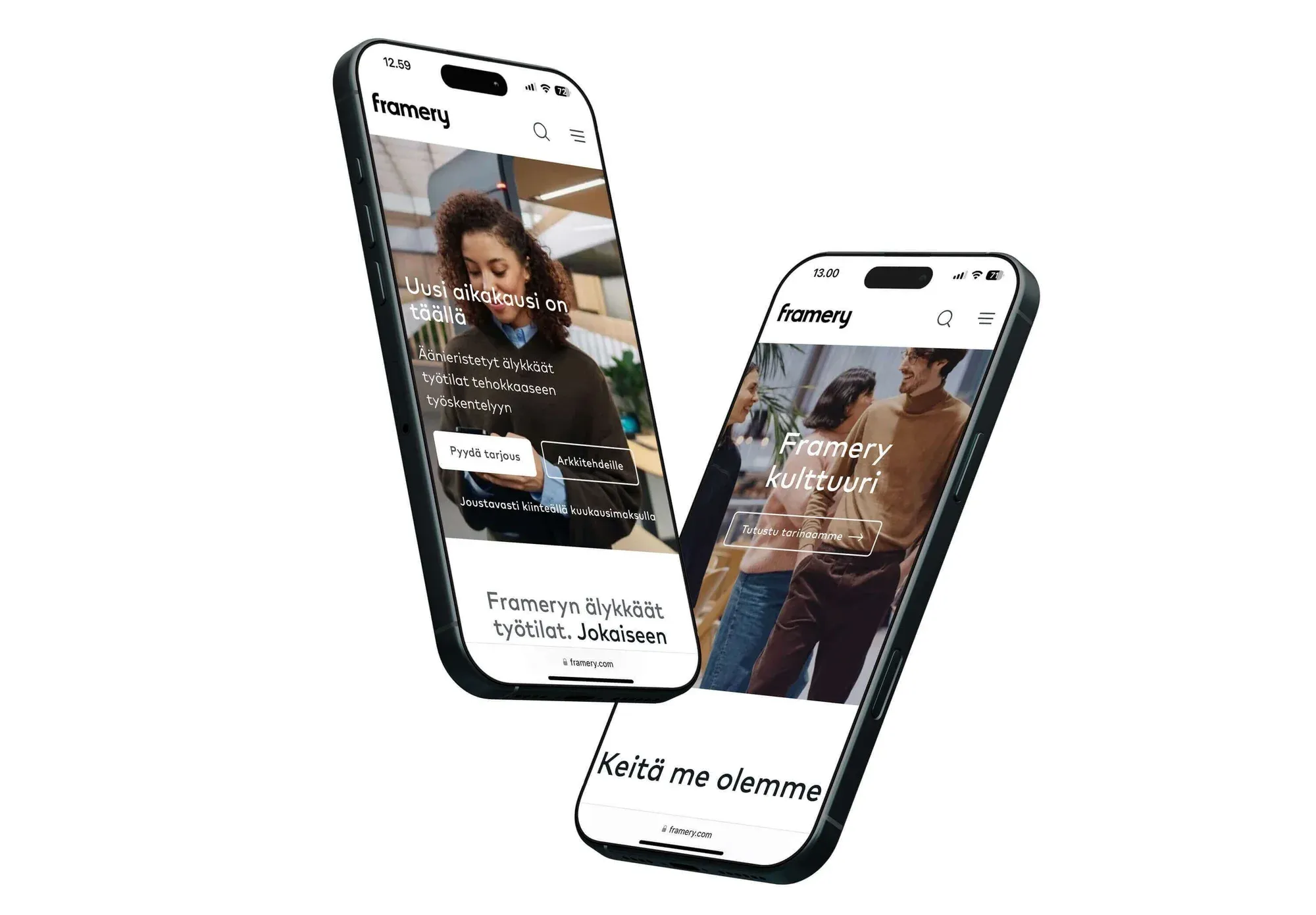 Two phones showing the renewed Framery website in Finnish.