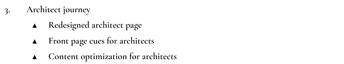 Planning note: architect journey, with a redesigned architect page, front page cues and content optimisation for architects.