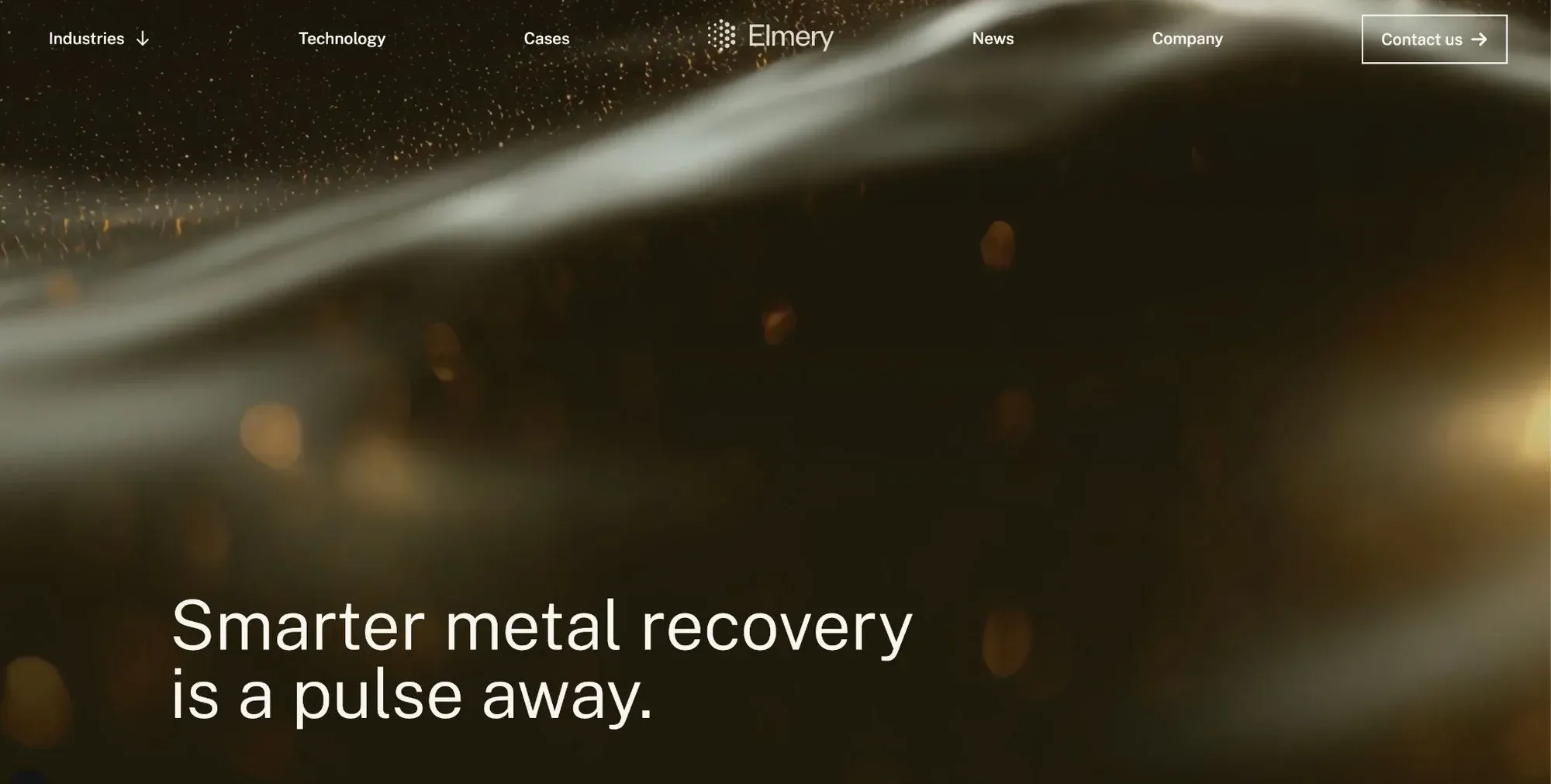 Elmery website hero with glowing particles and the line Smarter metal recovery is a pulse away.