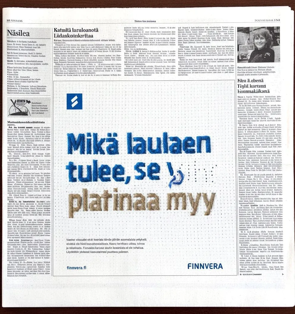 Newspaper page with a Finnvera ad, Mikä laulaen tulee, se platinaa myy, using the missing-piece device.