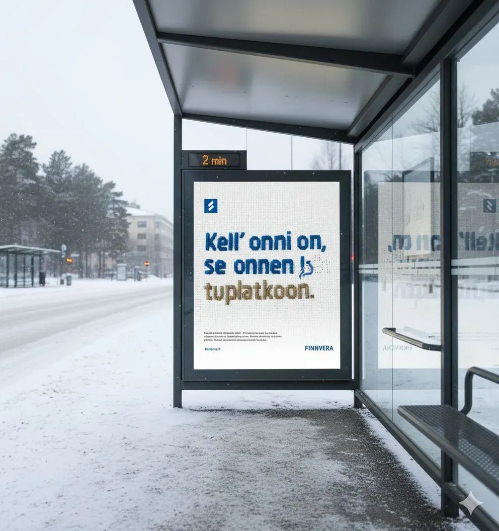 Finnvera poster in a snowy bus shelter: Kell’ onni on, se onnen tuplatkoon.