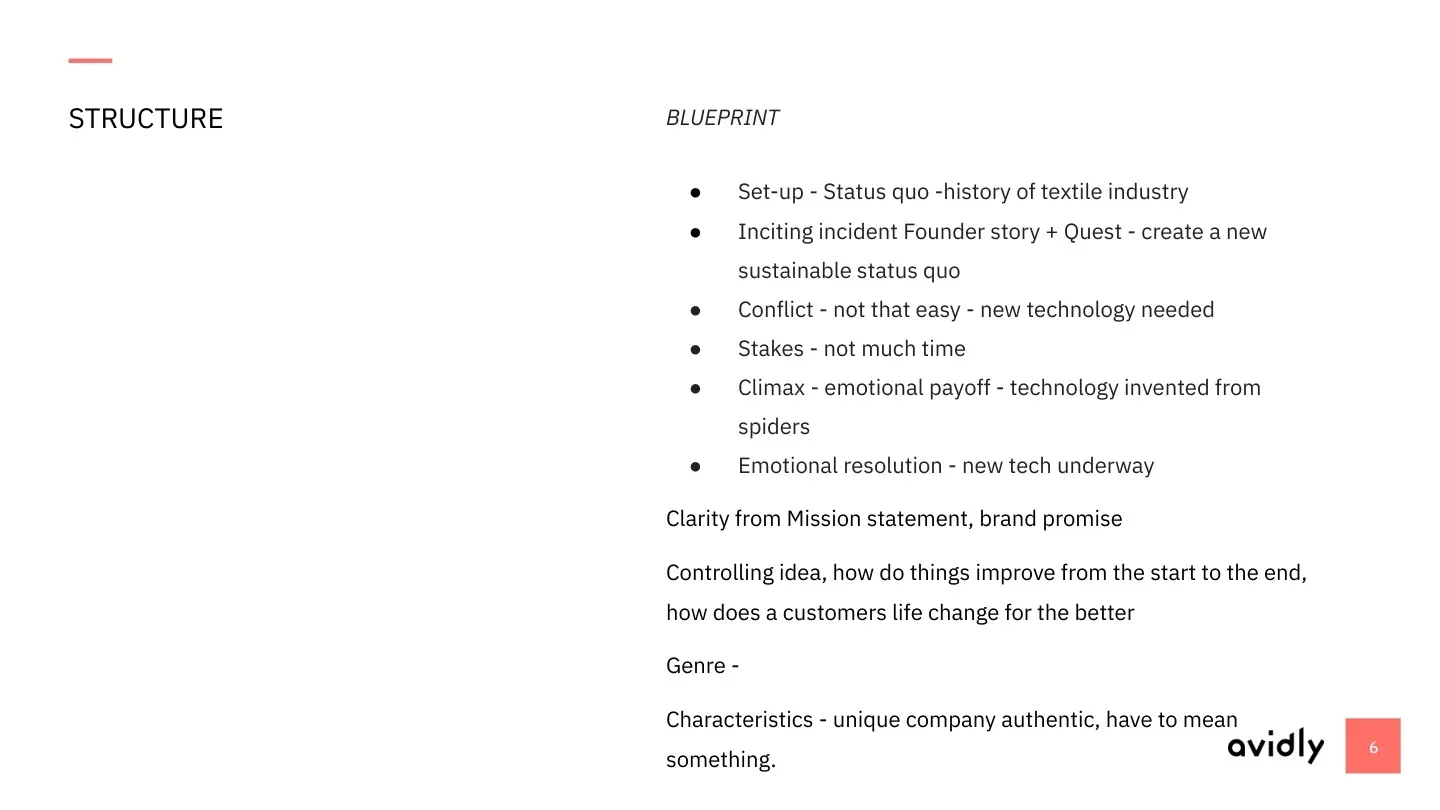 Slide outlining the narrative structure of the Spinnova brand story.