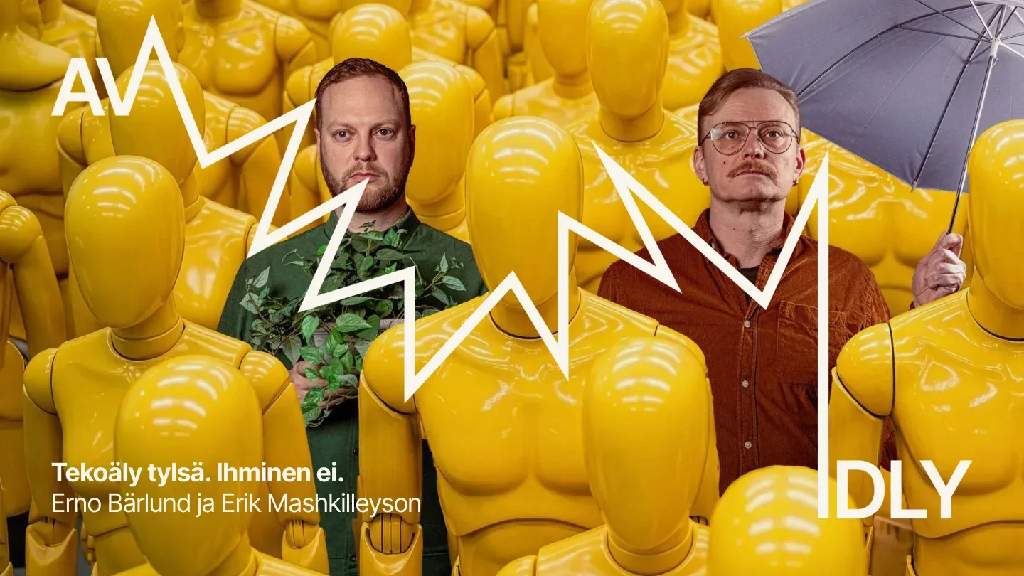 Webinar cover: Erno Bärlund and Erik Mashkilleyson among rows of yellow mannequins, with the title Tekoäly tylsä. Ihminen ei.